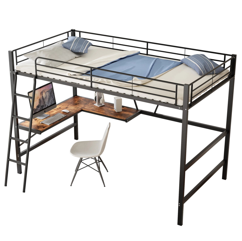 Letto a soppalco 90x200 cm con scrivania a L e mensola; metallo e MDF; nero
