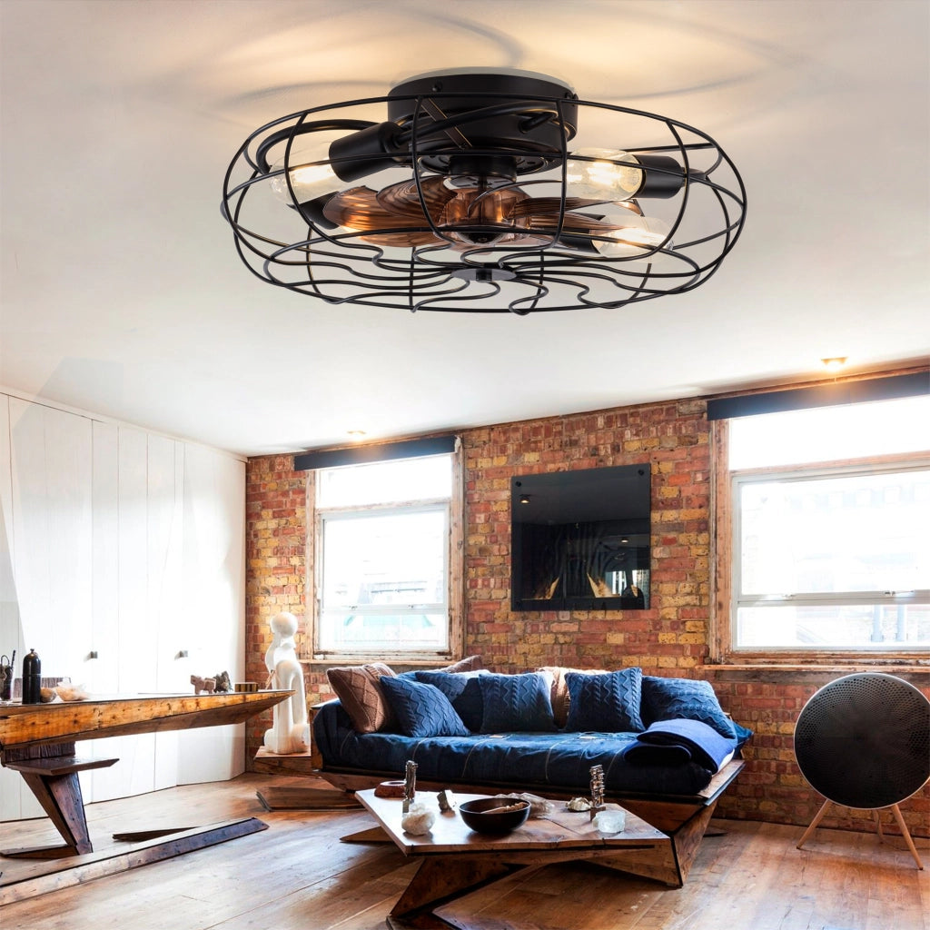 Ventilatore da soffitto con gabbia e luce; 19 pollici; 7 pale; motore reversibile; nero e noce scuro
