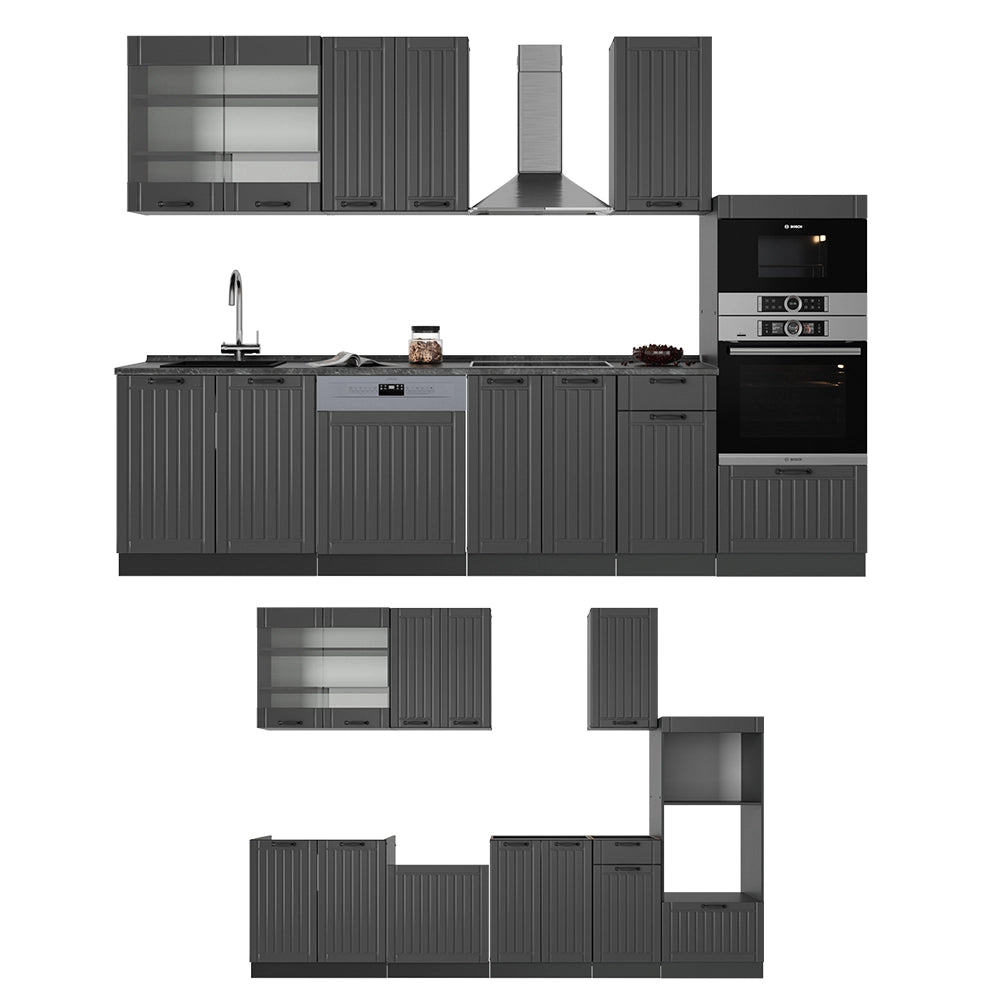 Cucina componibile Fame-Line Grigio scuro/Antracite 300 cm con armadio alto, PL Rovere Vicco