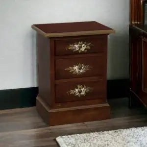 Comodino in legno arte povera 3 cassetti noce scuro decorato a mano filo oro
