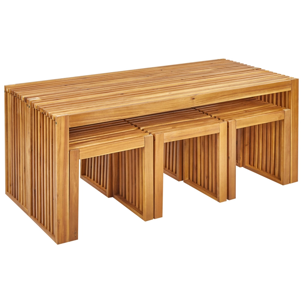 Set da pranzo da giardino 8 pezzi Tavolo rettangolare in legno massiccio di acacia chiaro 6 sgabelli Stile rustico moderno per interni esterni