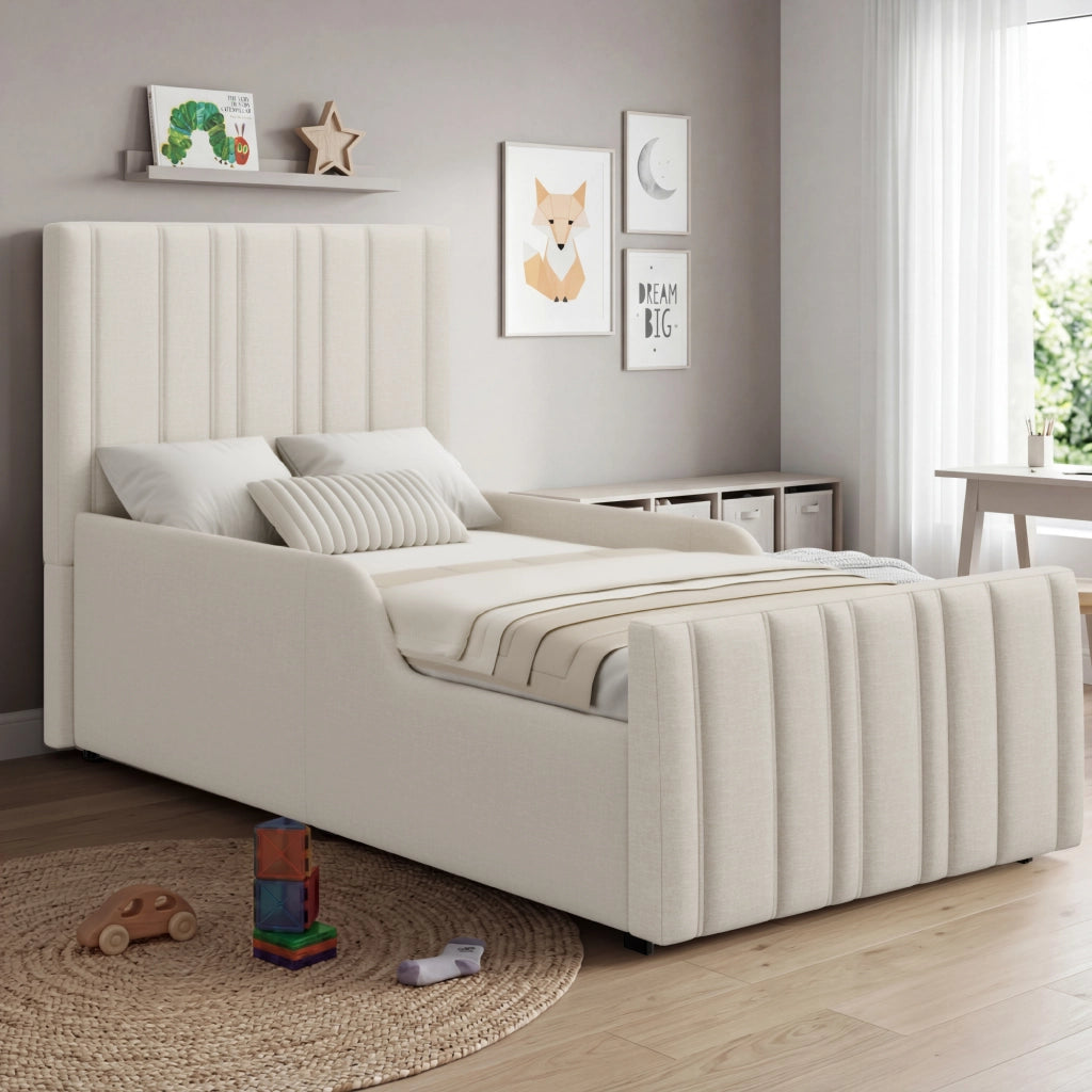 Letto per bambini 90 x 200 cm, con contenitore, testiera imbottita, tessuto di lino, beige