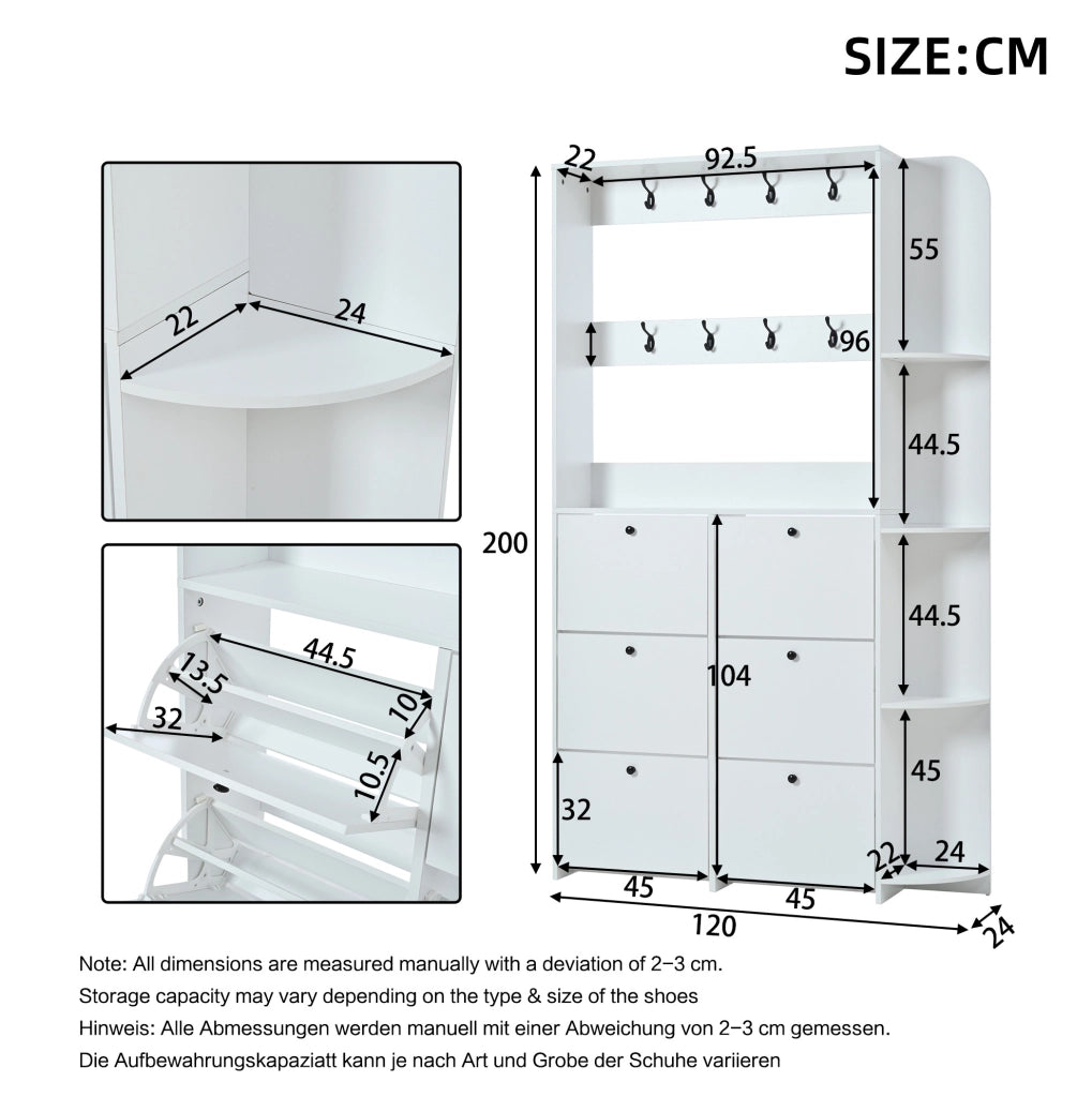 Garderoba ingresso con scarpiera ribaltabile; 8 ganci e 5 ripiani; 120 x 24 x 200 cm; bianco