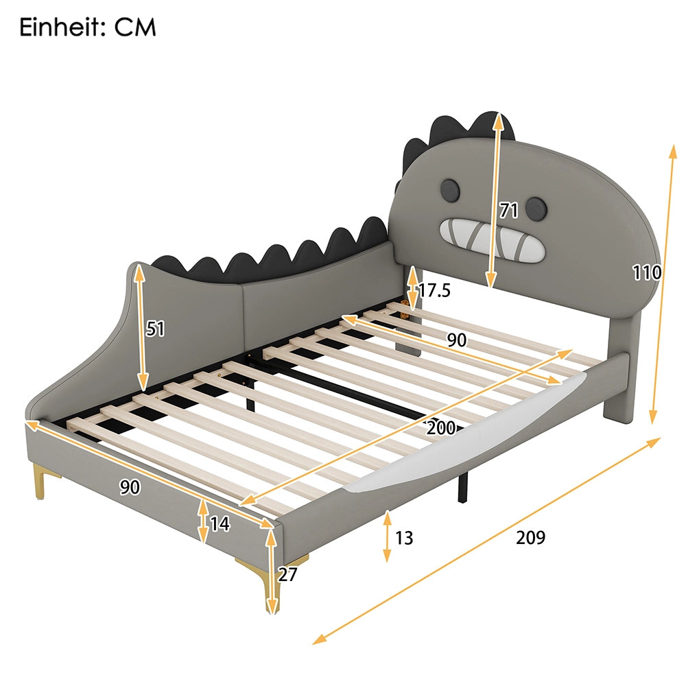 Letto per bambini 90x200 cm - Xylo - Grigio, materiale PU, design Dinosauro