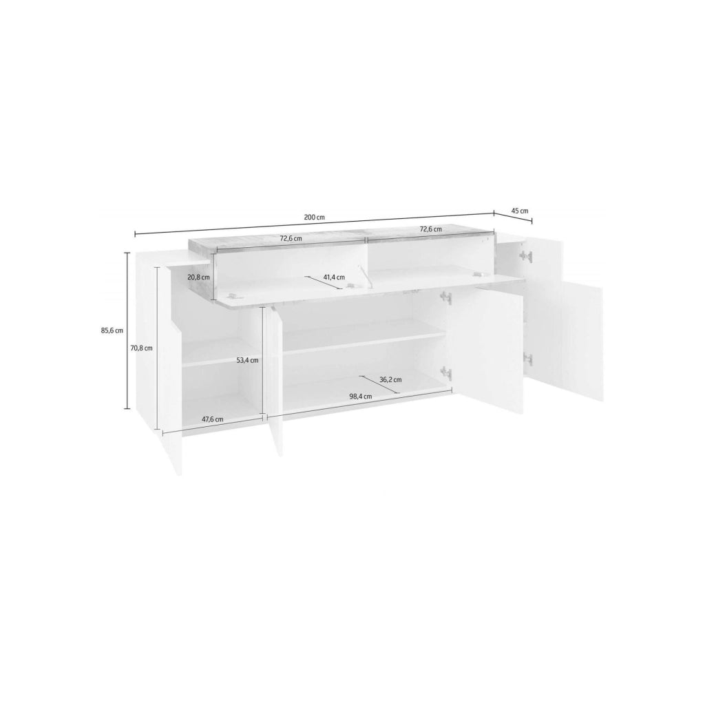Credenza moderna a 5 Discordia, Made in Italy, Madia da cucina, Buffet di design da soggiorno, cm 200x45h86, colore Bianco lucido e Acero