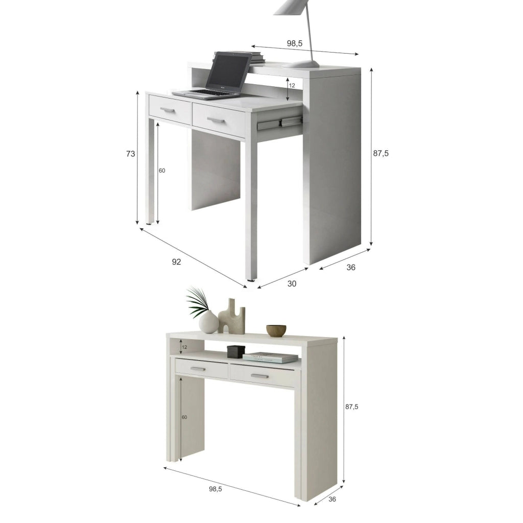 Consolle Andriy, Scrivania con piano estensibile, Scrittoio porta PC con 2 cassetti, cm 99x36h88, Bianco