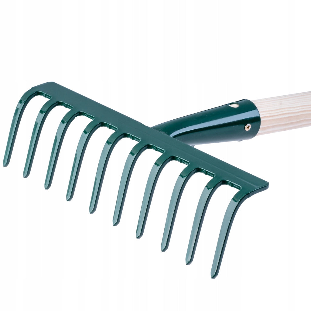 Rastrello per foglie KADAX per giardino, con manico in legno, lunghezza 138 cm, 10 denti, robusto.