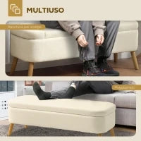 Panca Contenitore da 65L in Tessuto Teddy e Gambe in Legno, 120x42x45 cm, Beige