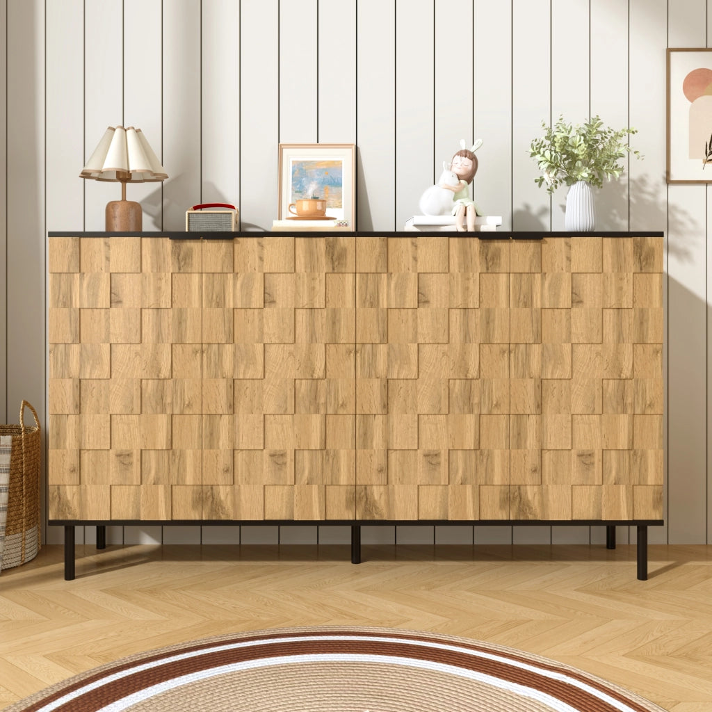 Credenza a 2 ante con ripiano fisso, effetto mosaico, per soggiorno, in truciolato, naturale e nero, 160 × 35 × 80,5 cm