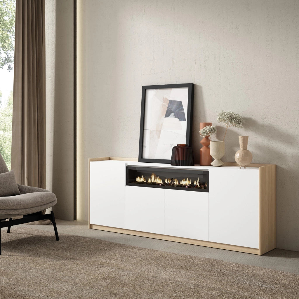 Credenza, Mobile, Cucina, 207x80x37 cm, 4 Porte, Camino elettrico, Bianco e Rovere soft