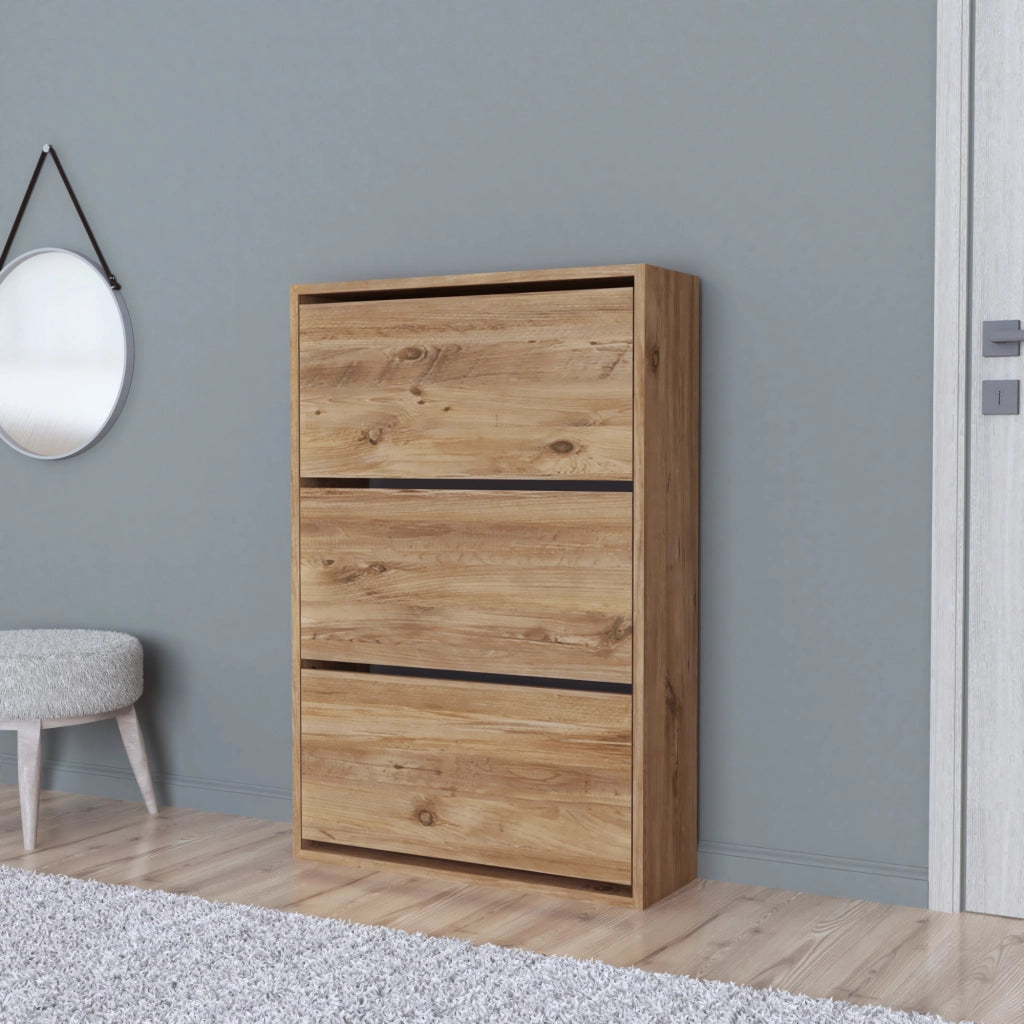 Scarpiera Salvaspazio Slim con 3 Contenitori Ribaltabili Portascarpe Stretto da Ingresso Capienza 18 Paia 110 x 73,5 x 24 cm - Effetto Rovere [en.casa]