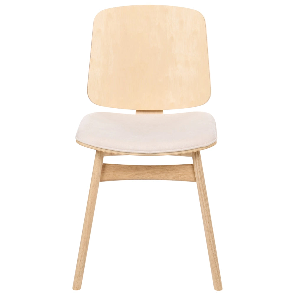 Set di 2 sedie da pranzo in tessuto beige chiaro senza braccioli in stile scandinavo con struttura in legno di gomma marrone chiaro