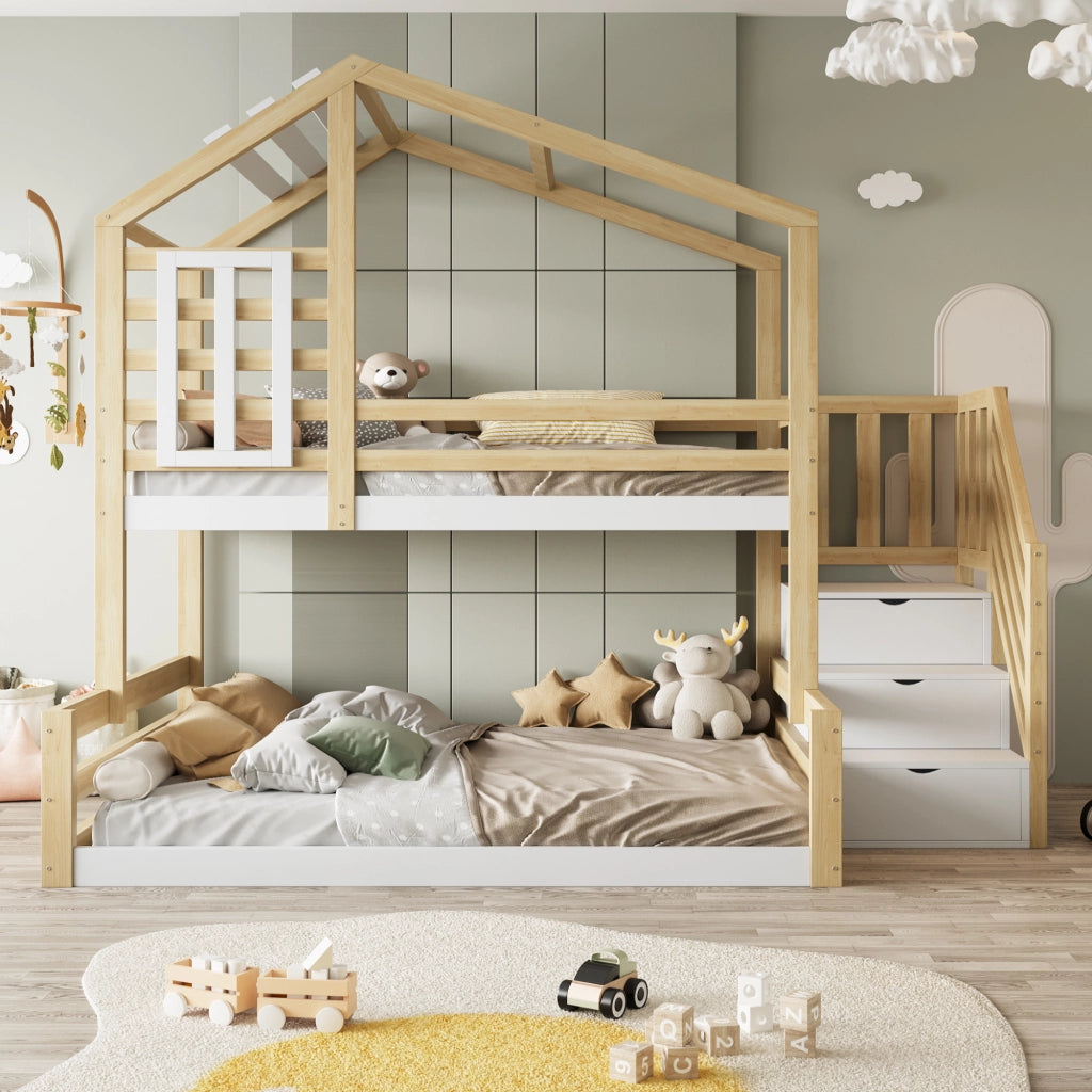 Letto a castello con finestra in pino 90x200 cm