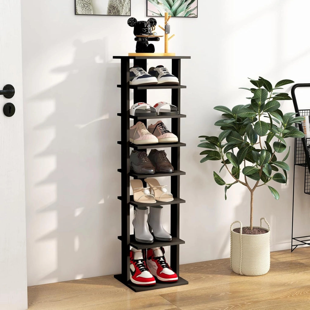 Scarpiera da Ingresso, Portascarpe a 7 Ripiani, Scaffale per 7 Scarpe, Stretto e Compatto per Salvaspazio, 27,5x26,5x110 cm (Nero, M)
