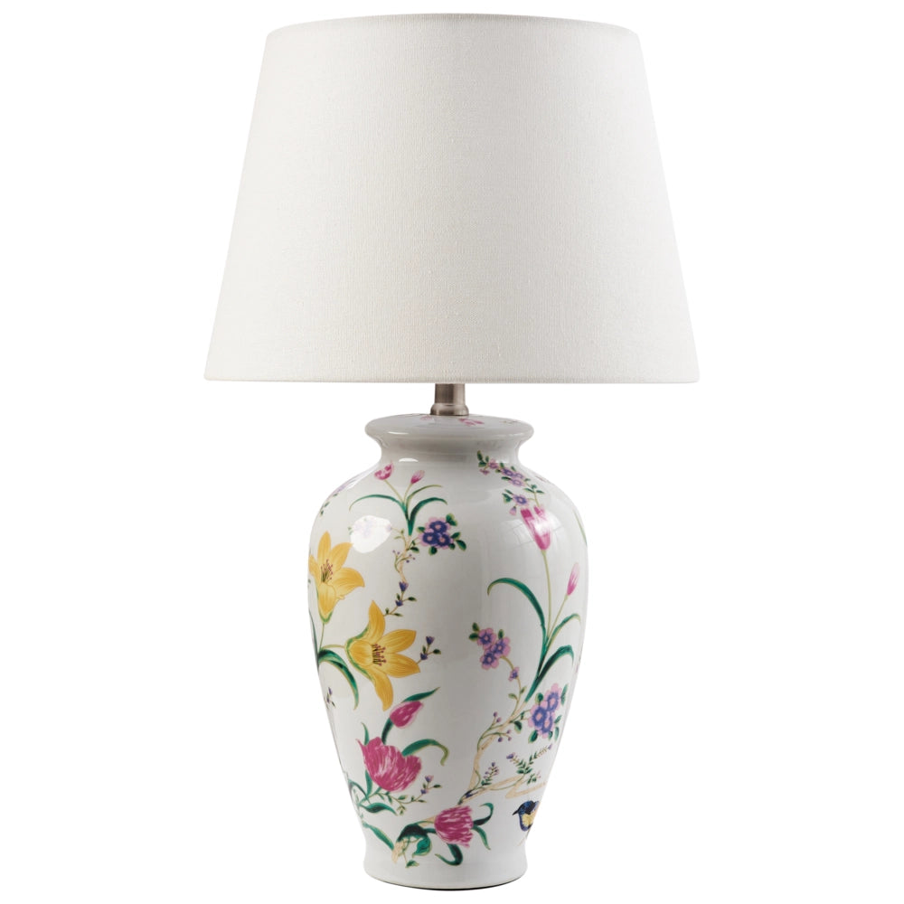 Lampada da tavolo Base in porcellana bianca Paralume a tamburo in lino con patten floreale Illuminazione elegante