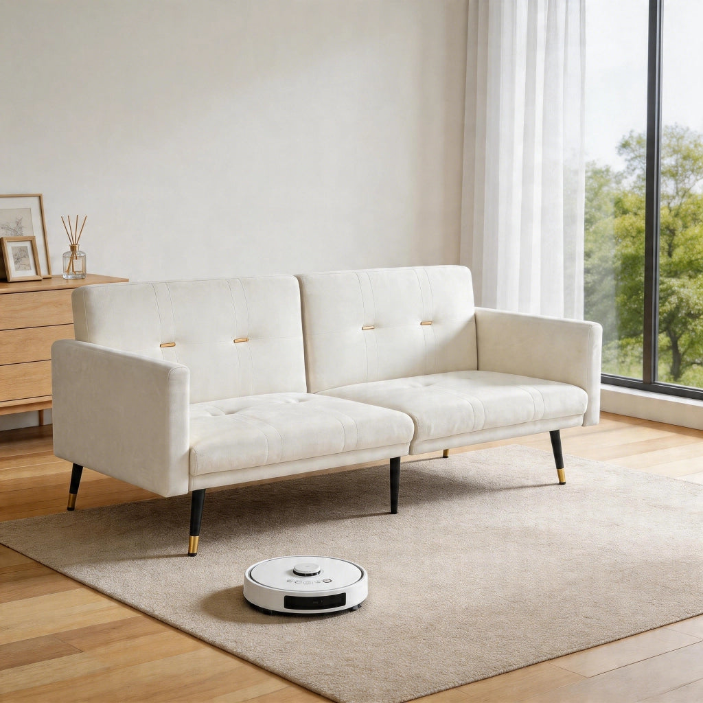 Divano letto 2 posti - con schienale regolabile e funzione letto - in velluto beige