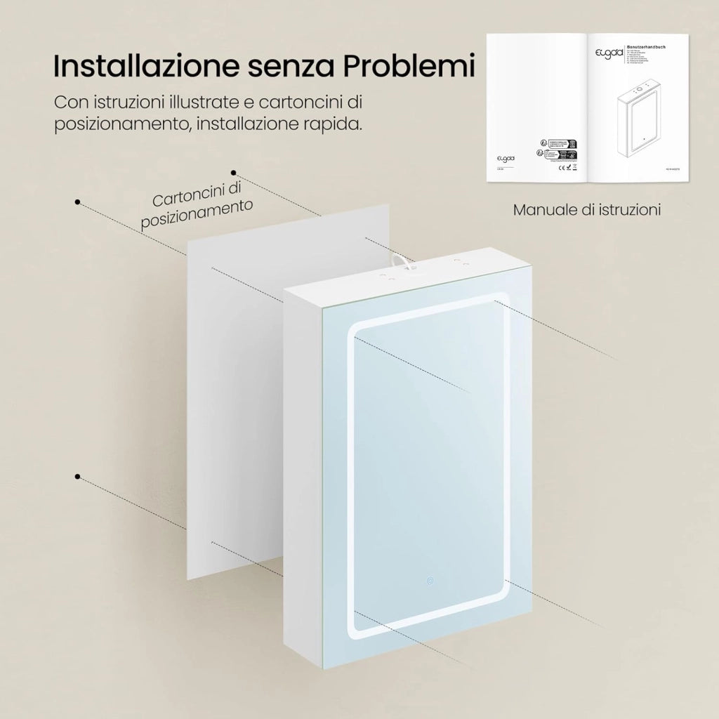 Mobile Bagno con Specchio e Luce, Armadietto Bagno con Ripiani Regolabili, Ganci e Prese, Luce Tattile a 3 Colori, per Appartamento, Bianco, 50x14,5x70 cm