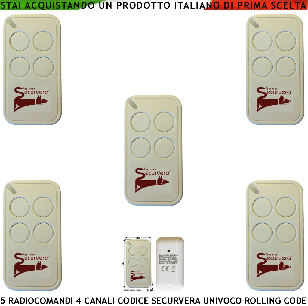 Comandoradio 5 Telecomandi 4 canali Frequenza di Trasmissione 433,92 MHz Potenza Trasmessa 1 mW Codifica di Sicurezza Univoca Securvera Led Segnalazione