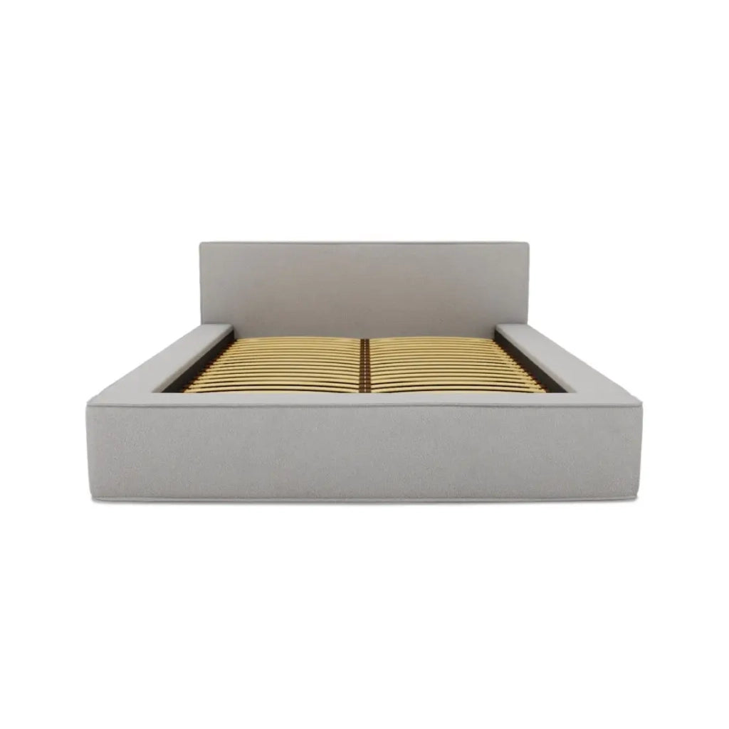 Letto contenitore VELORA – Sabbia grigia bouclé – 180x200 cm – Tessuto velluto morbido – Rete sollevabile – Spazio di stoccaggio integrato