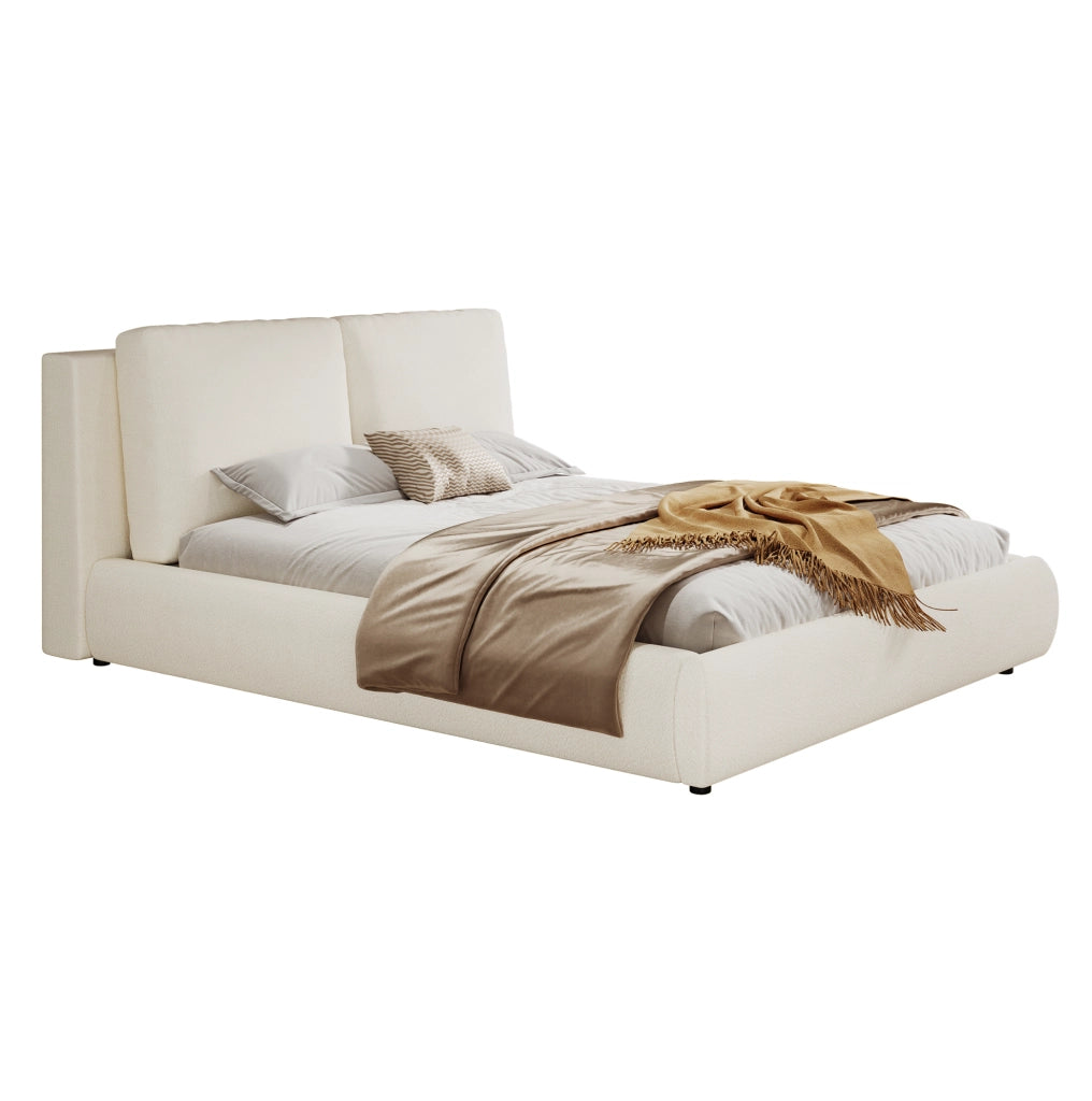 Letto matrimoniale imbottito 180x200 cm con contenitore; rete a doghe e testiera in bouclé beige