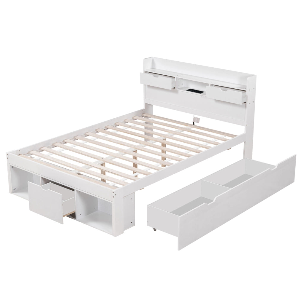 Letto matrimoniale 140x200 cm con USB; vani contenitore e cassetti; bianco