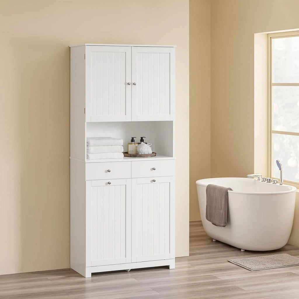 Mobile Bagno Salvaspazio con 2 Cesti Portabiancheria e 2 Cassetti Colonna Bagno Stretta 78x38x181cm Armadietto con Ripiano Aperto e Vano per Famiglie e Piccoli Spazi BZR215-W
