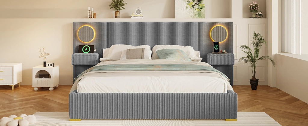 Letto imbottito in velluto grigio 180x200 cm con testiera LED, porte USB e cassetti comodino
