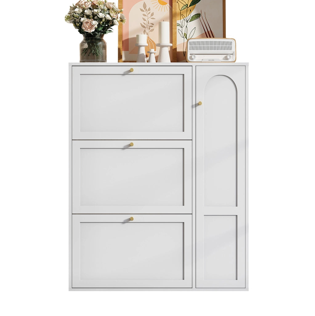 Scarpiera stretta a 3 ribalte e 1 anta; 90x25x114 cm; bianco