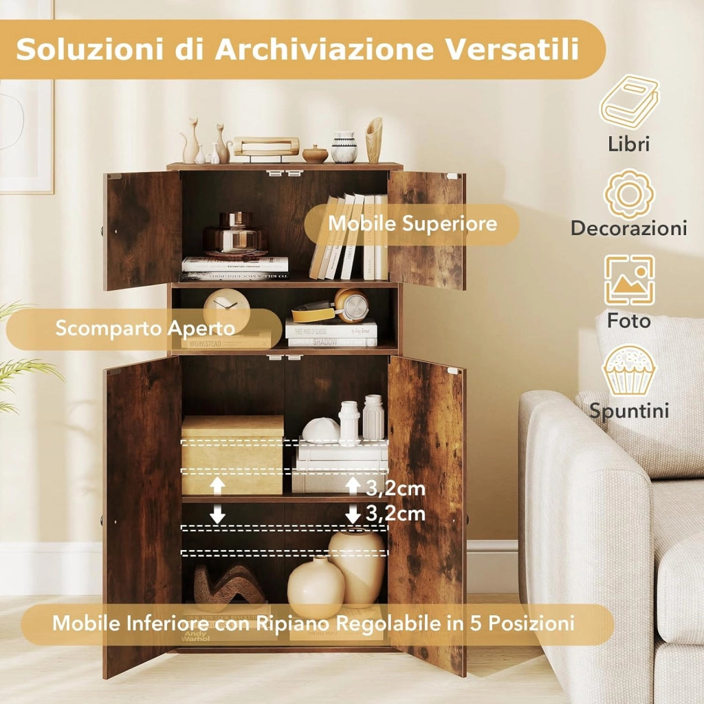 Libreria con 4 Ante, Armadio Alto a 4 Ripiani con Mensola Regolabile e 2 Kit Anti-Ribaltamento, Organizzatore per Casa Ufficio, 54 x 30 x 111 cm (Marrone)