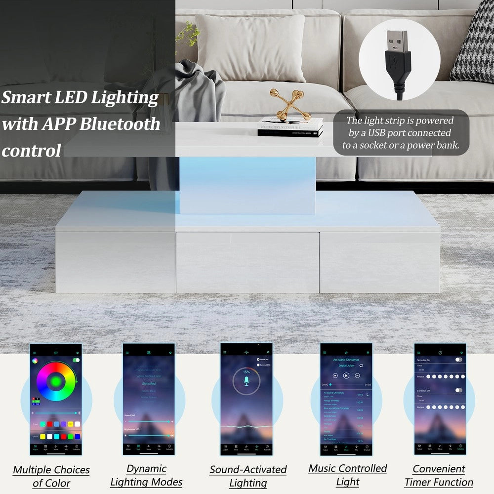 Tavolino da Caff¨¨ con LED 16 Colori e Cassetto ¨C MINIMAL ¨C Bianco Lucido, Rettangolare, 2 Ripiani