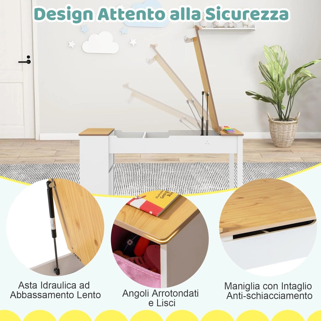 Set Tavolo da Disegno e Cavalletto per Bambini 3+ Anni con 2 Sedie, Tavolo Multifunzione in Legno con Piano Sollevabile, Rotolo di Carta, 6 Bicchieri di Vernice (Naturale)