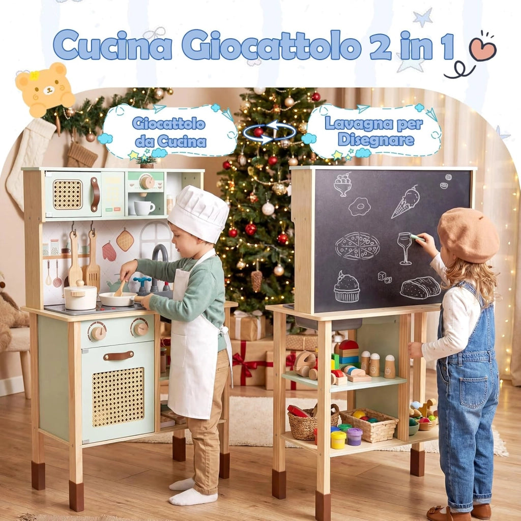 Cucina Giocattolo Bifacciale per Bambini, Cucina Educativa in Legno con Porte in Rattan, Lavagna sul Retro, Luci e Suoni, Accessori Completi, Gioco di Imitazione 3+ Anni, 60 x 29 x 95 cm