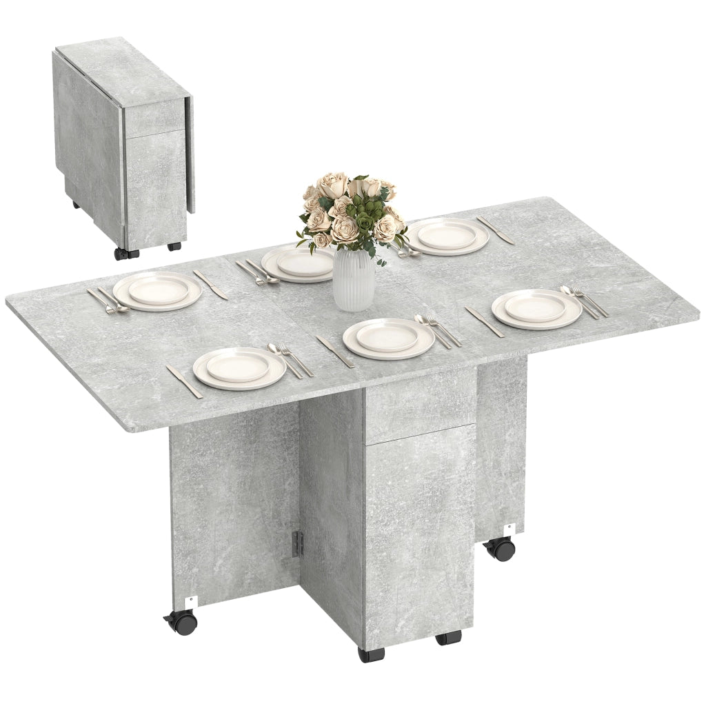 Tavolo da Pranzo Pieghevole a Ruote con 2 Cassetti, 2 Ante e Armadietto, in Legno, 140x76x74 cm, Grigio Cemento