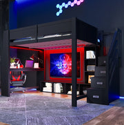 Letto a soppalco 140x200 cm nero con scrivania, LED e scala