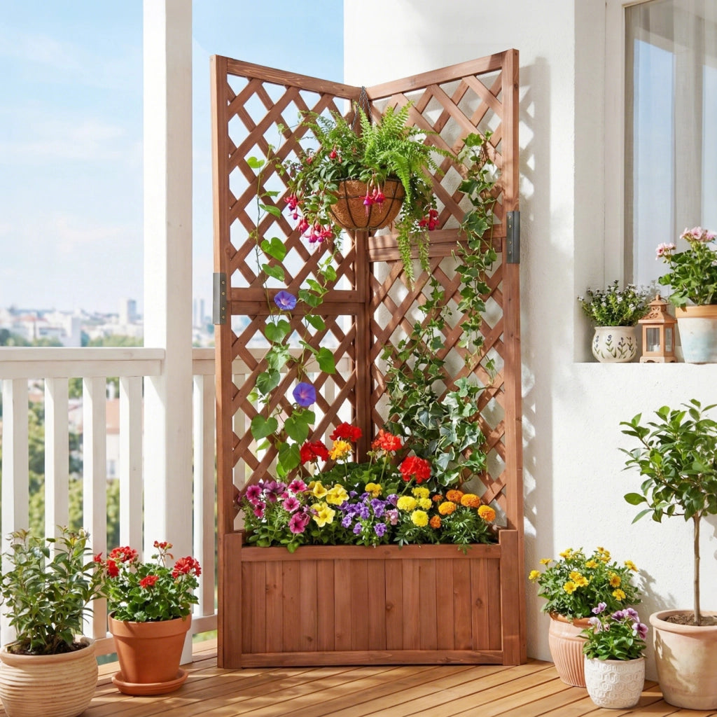 Letto da giardino rialzato ad angolo con traliccio e fori di drenaggio-Fioriera in legno per fiori verdure interno ed esterno Marrone