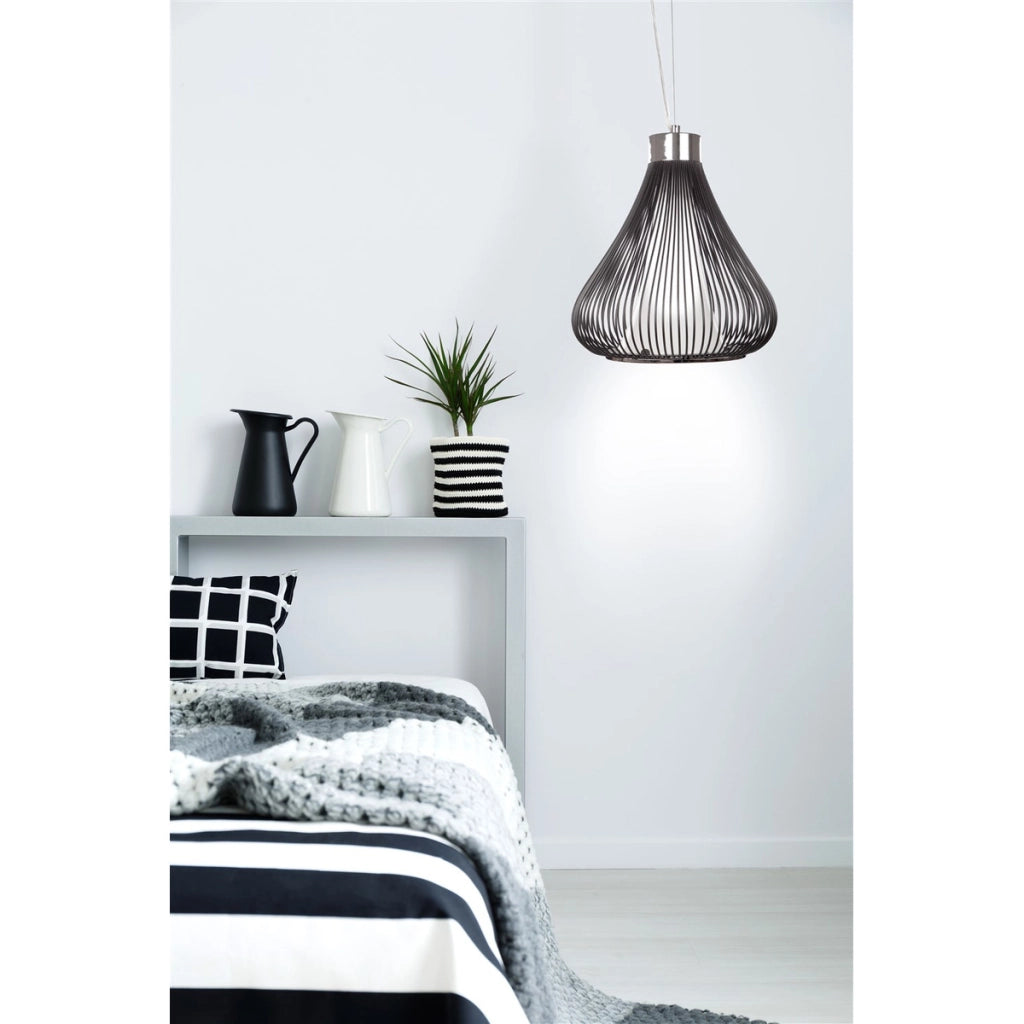 Lampada a sospensione Rhea in metallo nero a gabbia verticale
