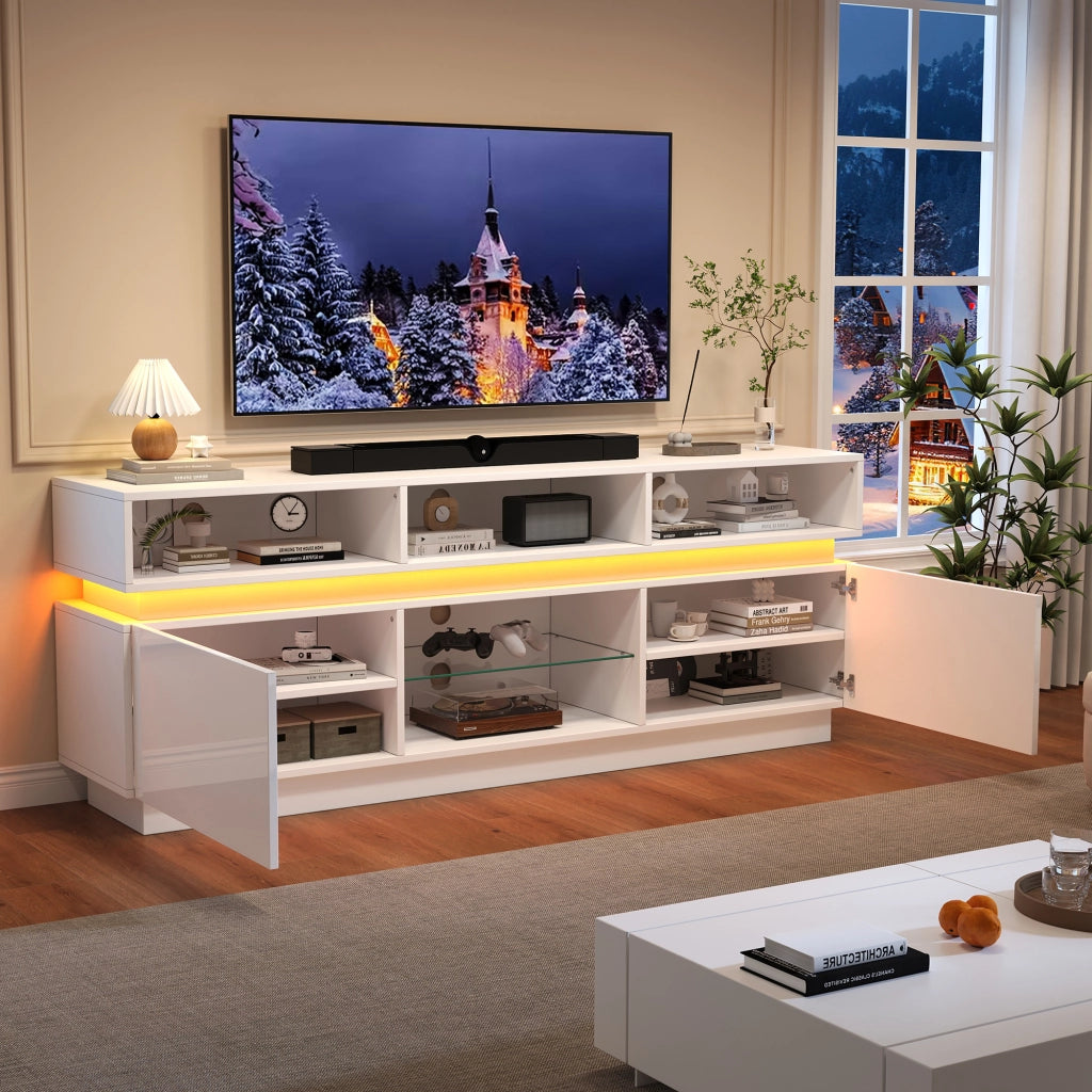 Mobile porta TV con LED e 10 vani contenitore ante lucide per soggiorno in MDF e vetro bianco 160 × 35 × 60 cm