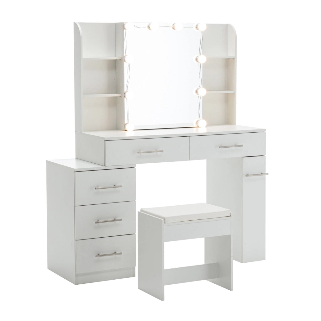 Tavolo da trucco 100x40,5x136 cm bianco con specchio scorrevole, LED e vani, MDF,
