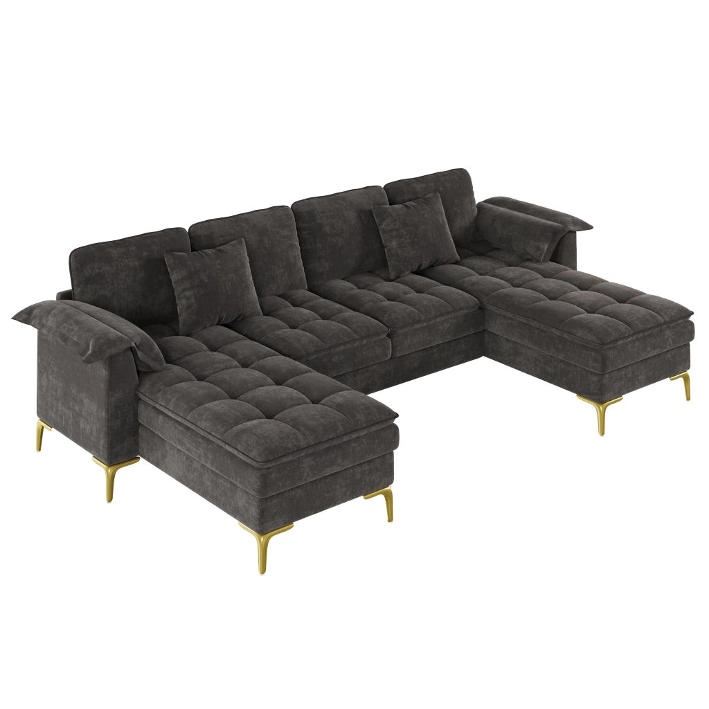 Divano angolare modulare a U 4-5 posti in chenille grigio con 2 chaise longue e cuscini