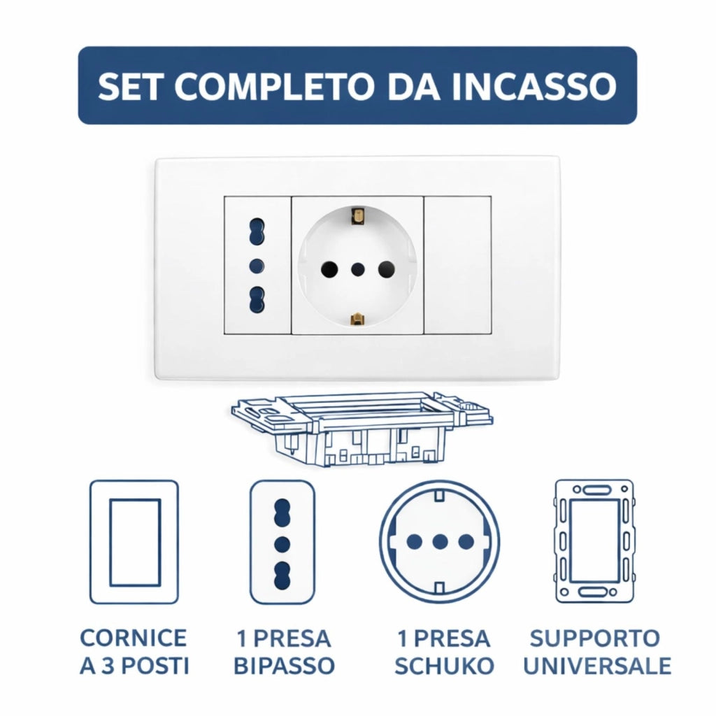 Placca Placchetta Elettrica 3 Posti con Interruttore e Schuko Bipasso