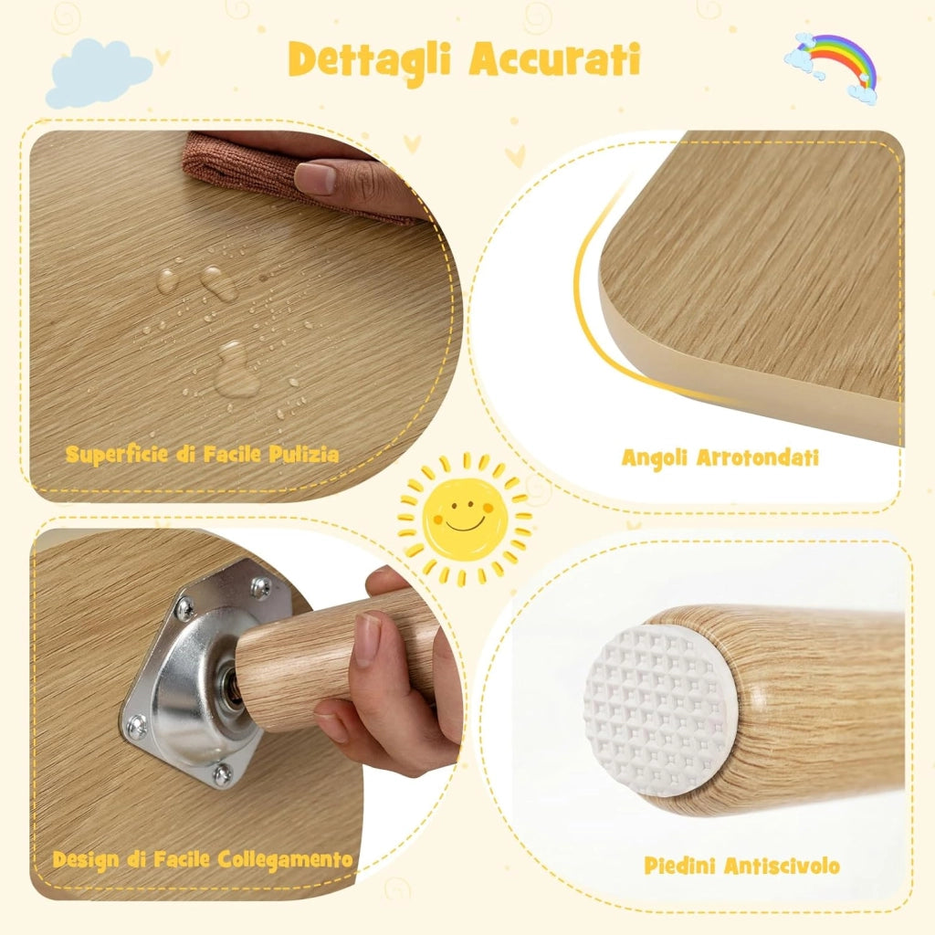 Set Tavolo e 2 Sedie per Bambini, Tavolo Attività con Schienali a Spindola Curvi, Sedute Rotonde e Gambe in Legno Massello, Tavolino per Bambini 3+ Anni per Disegno, Gioco e Studio (Naturale)