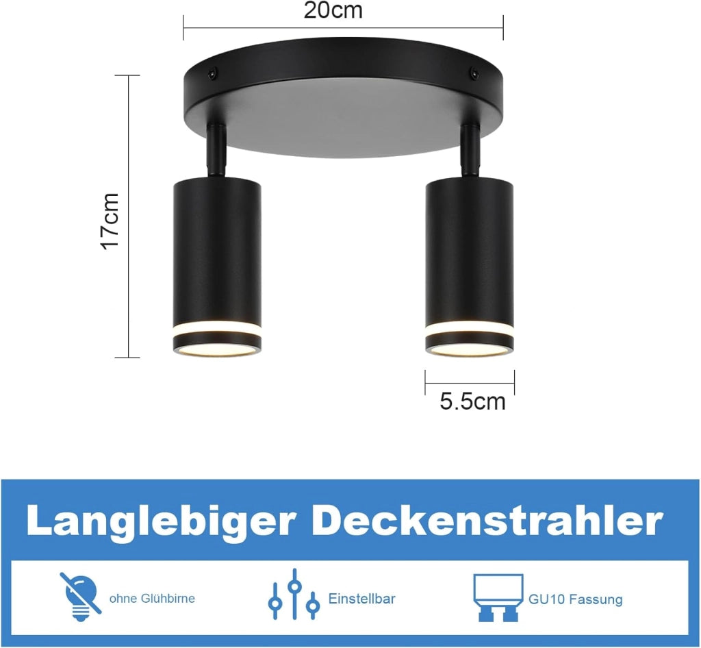 ZMH Faretto da soffitto Rotondo Nero 2 Luci GU10 Orientabile da Interno in Metallo per Corridoio Senza Lampadine