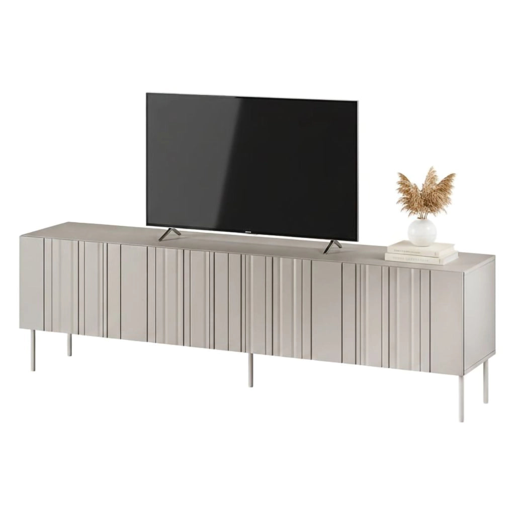 Mobile porta TV Sospiro, Madia da salotto con quattro ante battenti e quattro vani interni, Rialzato da terra, 201x42 h60 cm, Beige