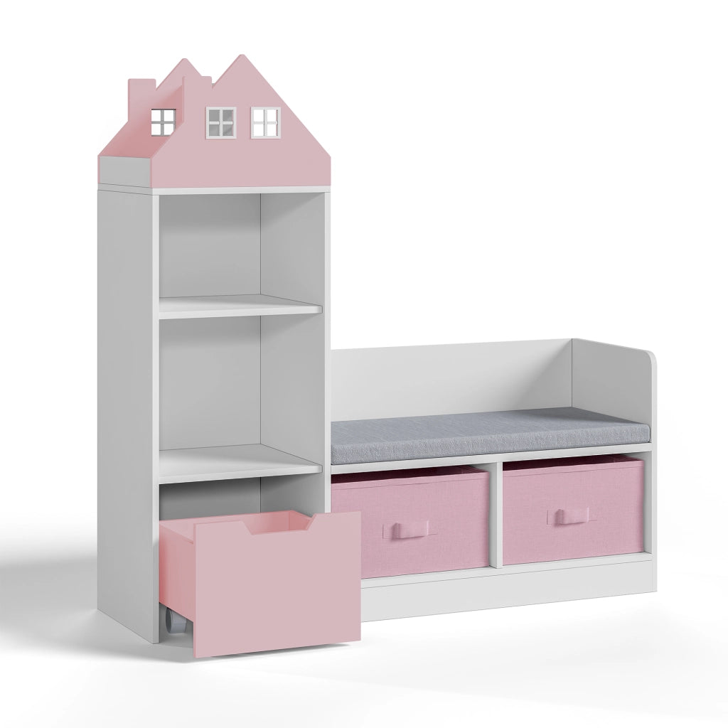 Mobile per Cameretta Vipsali Panchina e Scaffale con Contenitori 100x99x30 cm Rosa / Bianco [en.casa]