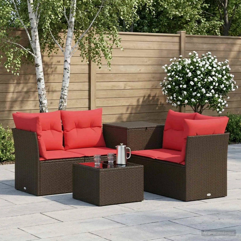 Set di divani 6 pz Marrone e Rosso Rattan sintetico e Acciaio 3447349