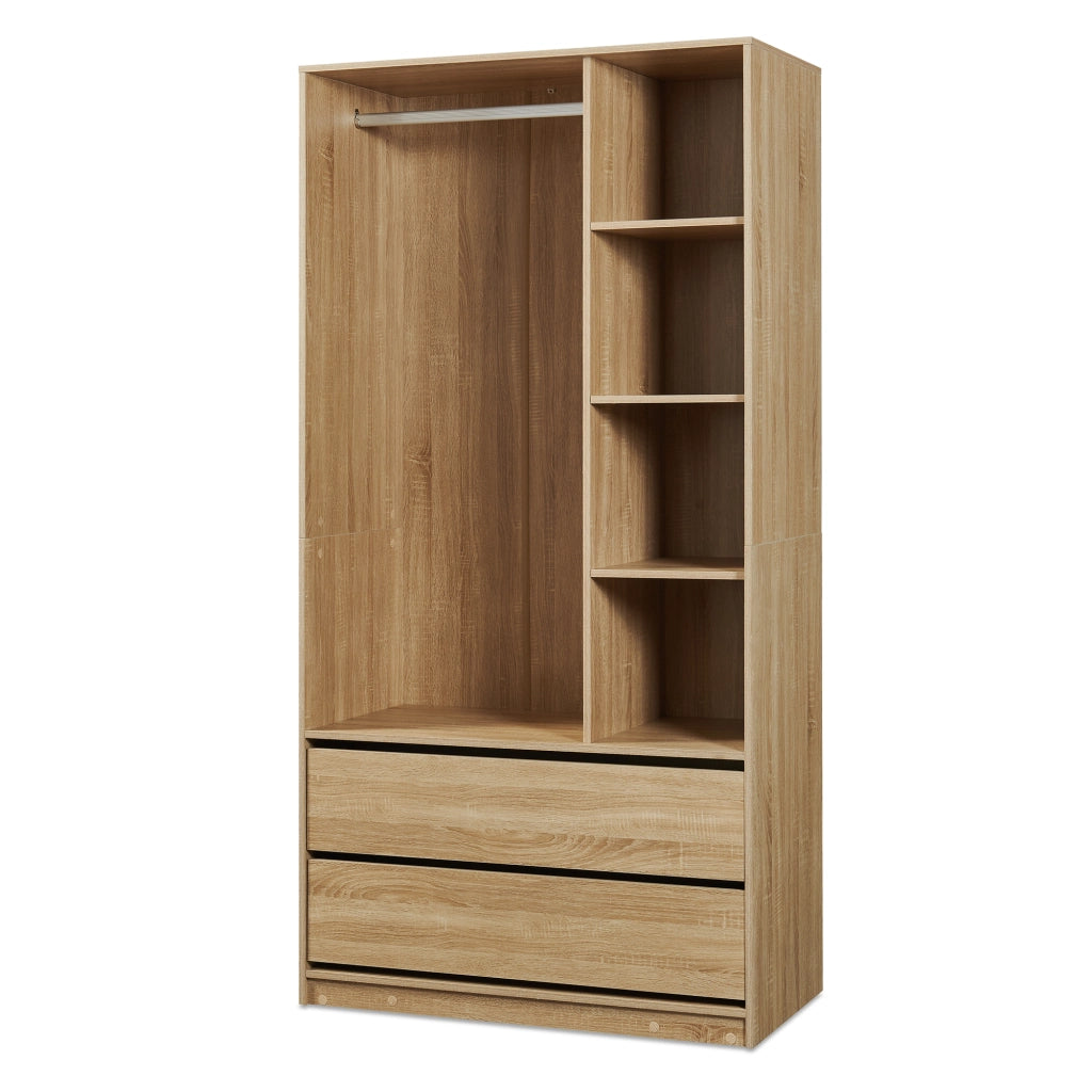 Armadio Aperto Vippsaki Guradaroba con Barra Appendiabiti 4 Scomparti e 2 Cassetti 200 x 100 x 50 cm - Effetto Rovere [en.casa]