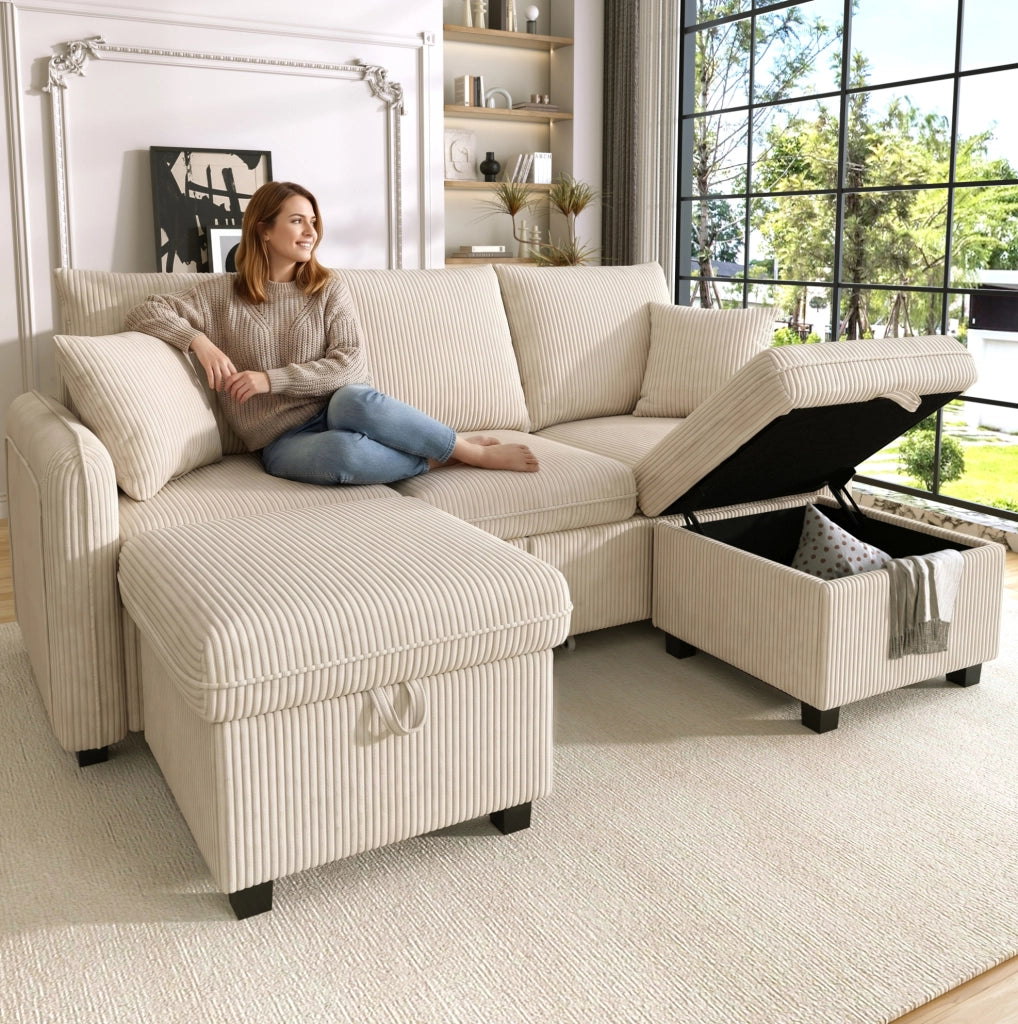 Divano modulare 3 posti con 2 pouf contenitore, funzione letto, cord beige
