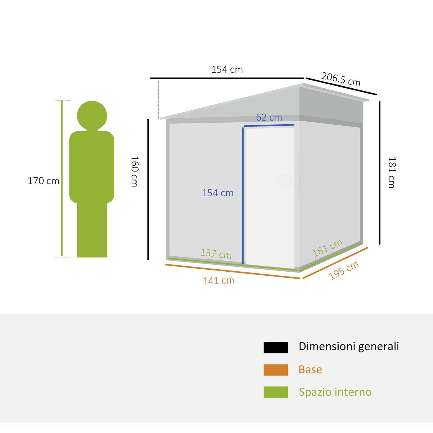 Casetta Box per Attrezzi da Giardino 154L x 206,5P x 160/181A cm con Base in Acciaio zincato Bianco