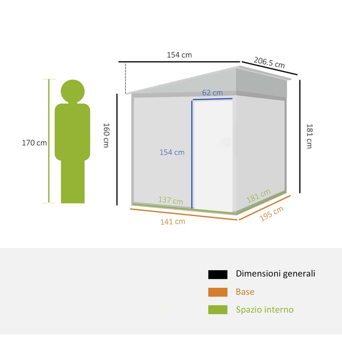 Casetta Box per Attrezzi da Giardino 154L x 206,5P x 160/181A cm con Base in Acciaio zincato Bianco