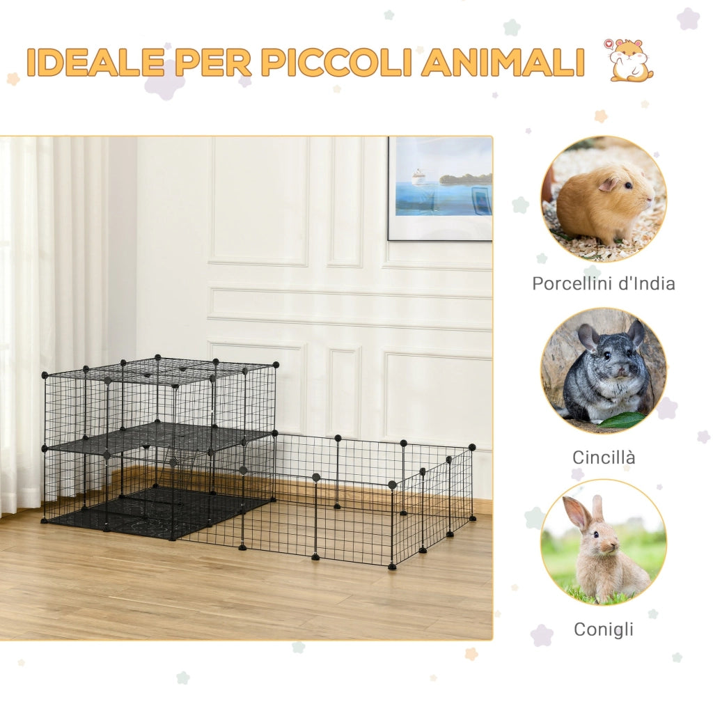 Gabbia per Conigli Modulabile 175x105x70 cm in Metallo Nero